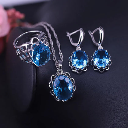 Silver 925 Jewelry Set Necklace Earrings Ring Many Colors