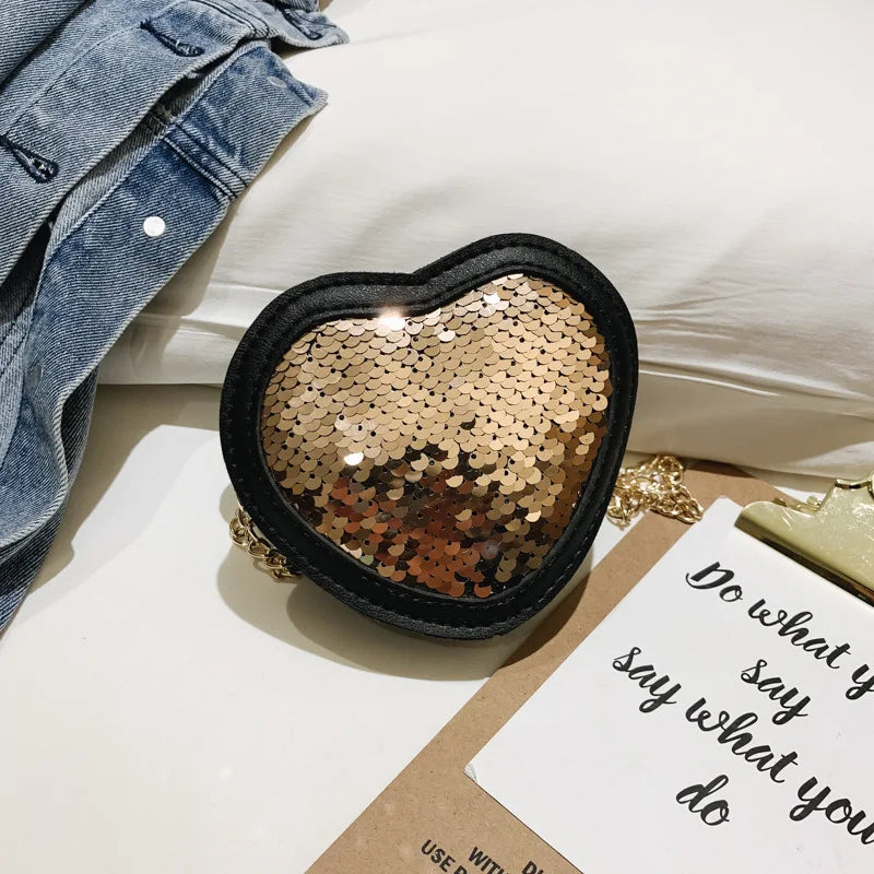 Heart Shape Cross Body Bag Women Mini Shoulder Purse Sequined Small