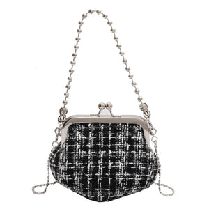 Shell Shaped Clip Handbags Beads Chains Women Hand Bags PU Tweed Purses