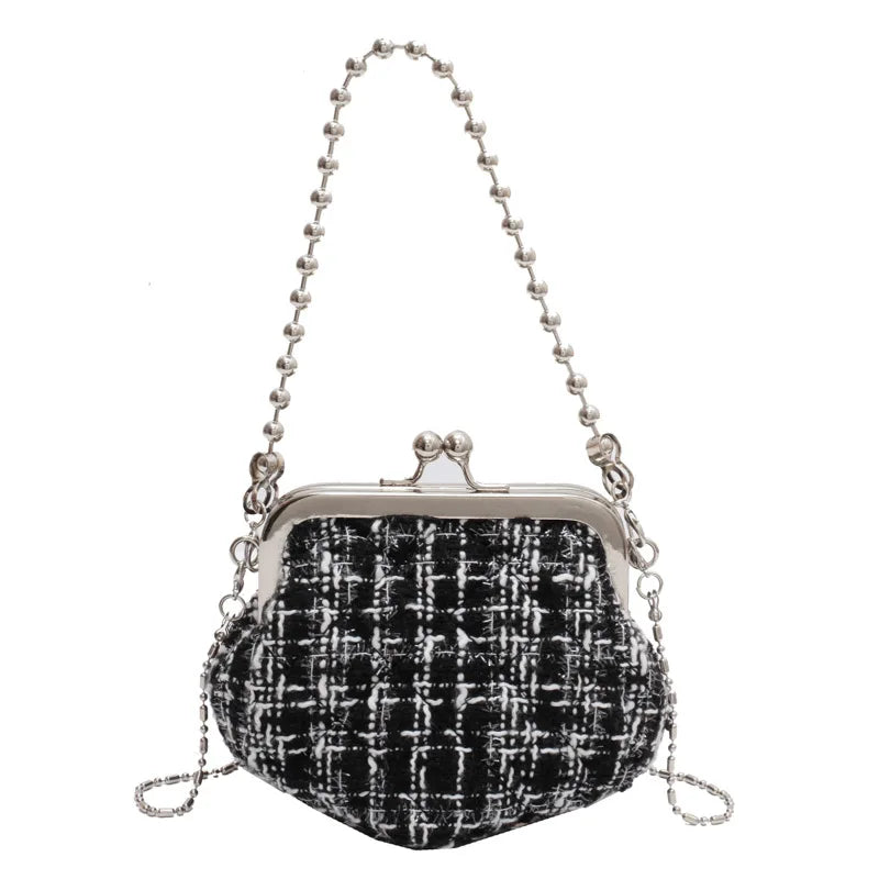 Shell Shaped Clip Handbags Beads Chains Women Hand Bags PU Tweed Purses