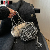 Shell Shaped Clip Handbags Beads Chains Women Hand Bags PU Tweed Purses