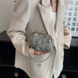 Shell Shaped Clip Handbags Beads Chains Women Hand Bags PU Tweed Purses