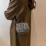 Shell Shaped Clip Handbags Beads Chains Women Hand Bags PU Tweed Purses