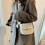 Vintage Lambswool Shoulder Bag with Ins Ribbon Strap for Women