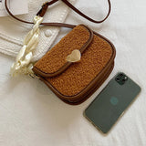 Vintage Lambswool Shoulder Bag with Ins Ribbon Strap for Women