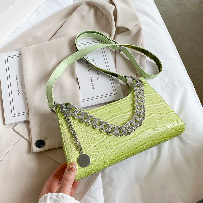Diamond Chain Tote Bag PU Leather Women's Handbag Crocodile Pattern Shoulder Bag