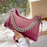 Diamond Chain Tote Bag PU Leather Women's Handbag Crocodile Pattern Shoulder Bag
