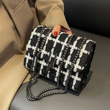 Famous Woolen Tweed Handbags Lock Purse Knit Shoulder Bags