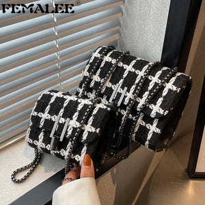 Famous Woolen Tweed Handbags Lock Purse Knit Shoulder Bags