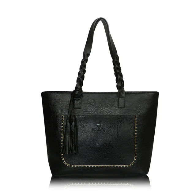 Designer Leather Shoulder Tote Bag with Tassel