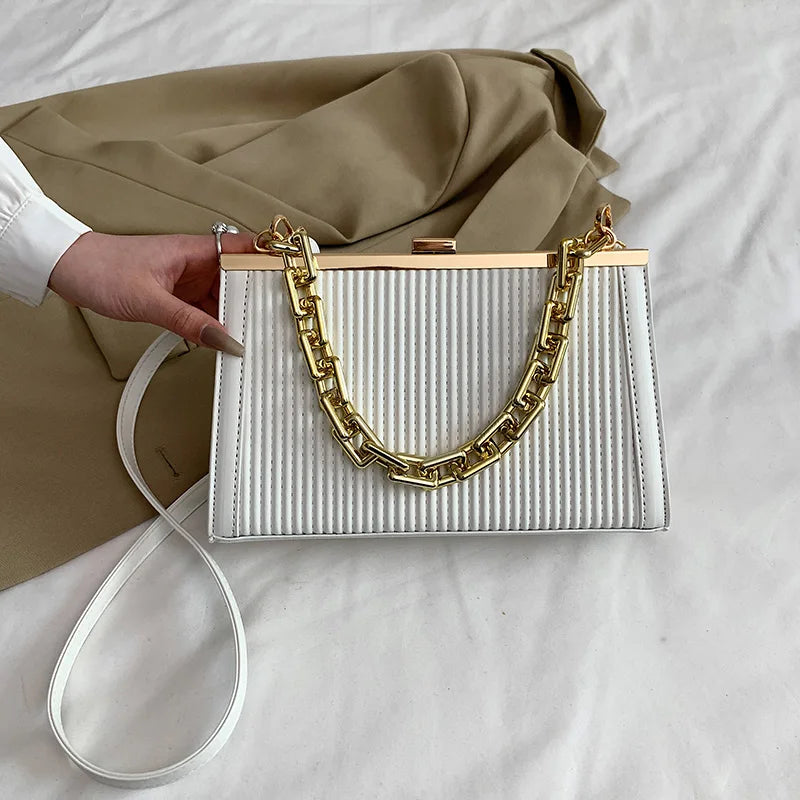 Chain Handle Pleated Shoulder Bag Clutch Purses Crossbody Bag Long Belt