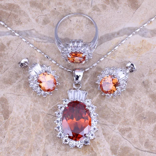 Brown Morganite CZ Silver Plated Jewelry Set Size 6-10