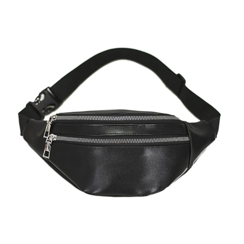 Adjustable PU Leather Fanny Pack with Zipper Pockets - Travel Waist Bag