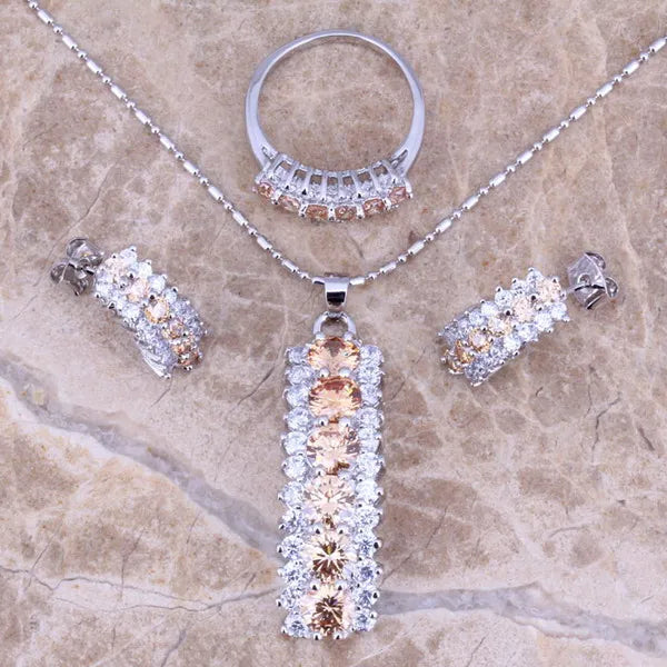 Champagne Morganite CZ Silver Jewelry Set Size 6-10 S0152