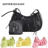 2 Pcs Rivets Crossbody Bags Women Half Moon PU Leather Shoulder Bag
