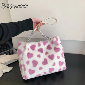 Fluffy Tote Bag Heart Prints Soft Bags Casual Women's Bag