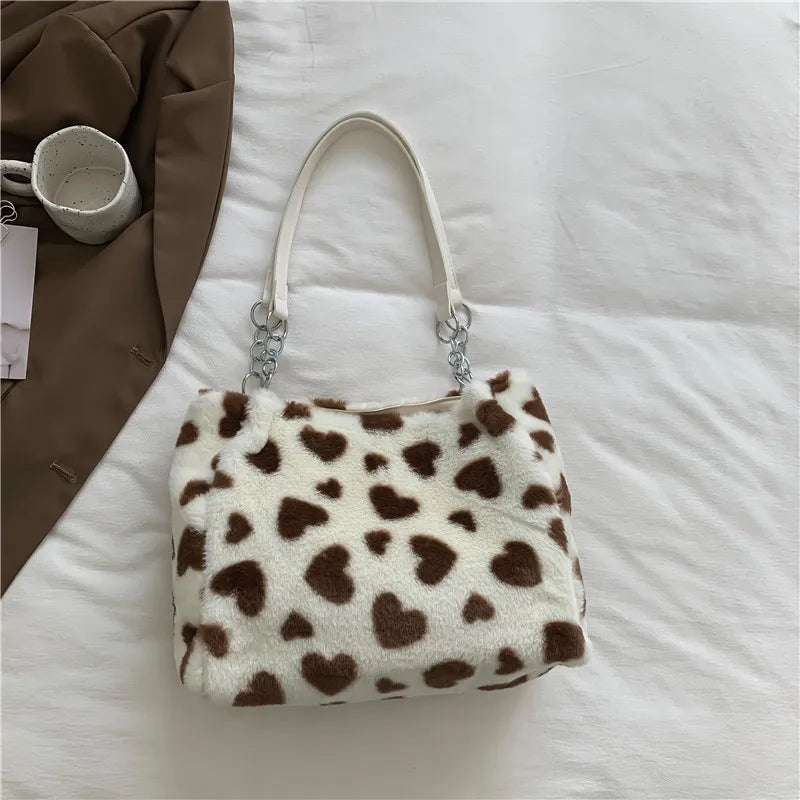 Fluffy Tote Bag Heart Prints Soft Bags Casual Women's Bag