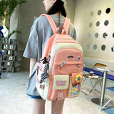 5 Piece Set Women Backpack Contrast School Bag Large Capacity Knapsack