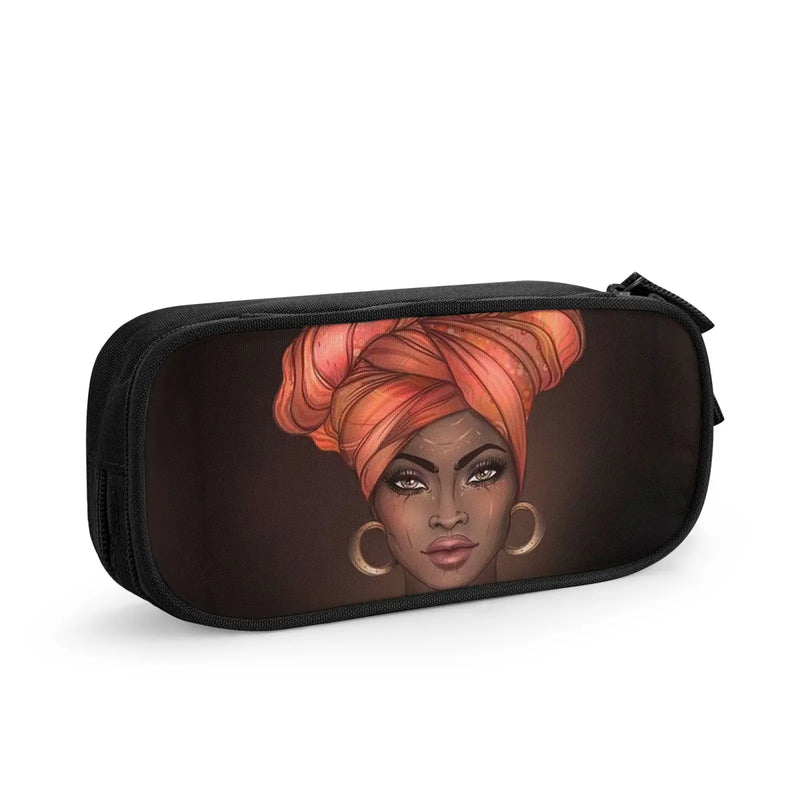 African Girls Prints Pencil Case Pen Box Women Cosmetic Bags