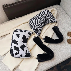 Animal Pattern Handbag Women Shoulder Top-handle Bag Plush Handle Underarm Purse