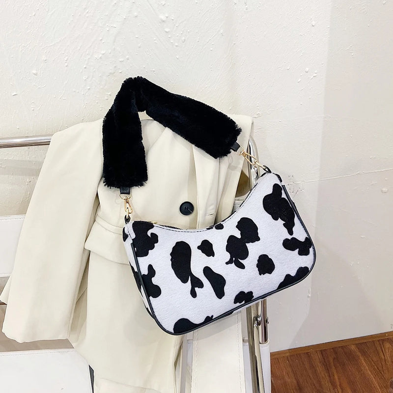 Animal Pattern Handbag Women Shoulder Top-handle Bag Plush Handle Underarm Purse