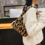 Animal Print Plush Shoulder Bags for Women Winter Furry Ladies Clutch Purse Hand
