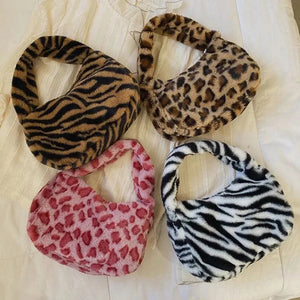 Animal Print Plush Shoulder Bags for Women Winter Furry Ladies Clutch Purse Hand