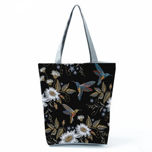 Floral Eco Reusable Linen Bag with Paris Tower Print