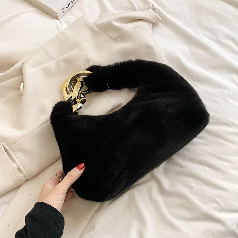 Plush Handbags Western Style Shoulder Bags Chain Texture Underarm Bag