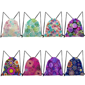 Floral Print Foldable Backpack Drawstring Pocket Bright Colors