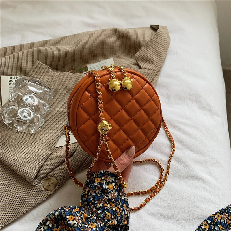 Bell Chain Messenger Bag Women's Solid Pu Diamond Check Shoulder Bag