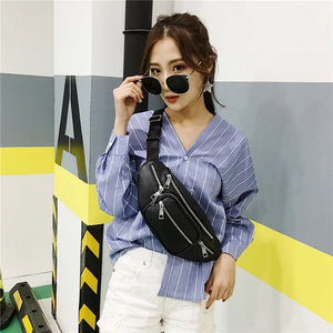 Women PU Leather Chest Fanny Pack Punk Crossbody Bag Chains Waist Pack