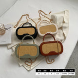 Straw Box Bag Short Handle Women Summer with PU Leather Handbag Shoulder