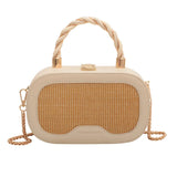Straw Box Bag Short Handle Women Summer with PU Leather Handbag Shoulder
