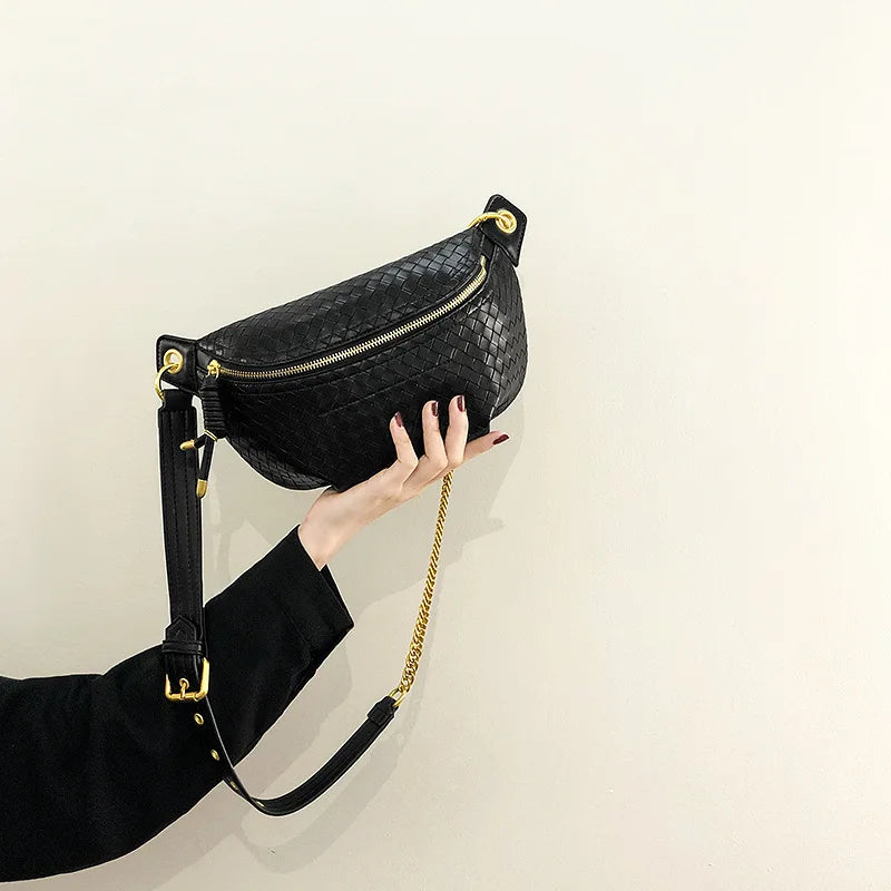 Stylish Braid PU Leather Fanny Pack Chain Crossbody Chest Bag