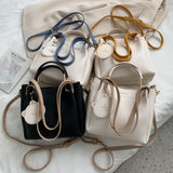 Portable Shoulder Bag Women Bucket Messenger Bag with Pendant Large Capacity
