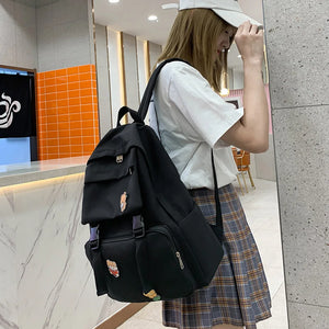 Canvas Backpack Solid Badges Large Capacity Female Student School Bags