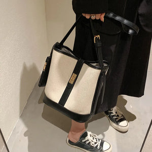 Canvas Bucket Bag Women Shoulder Bags Patchwork Crossbody Bag