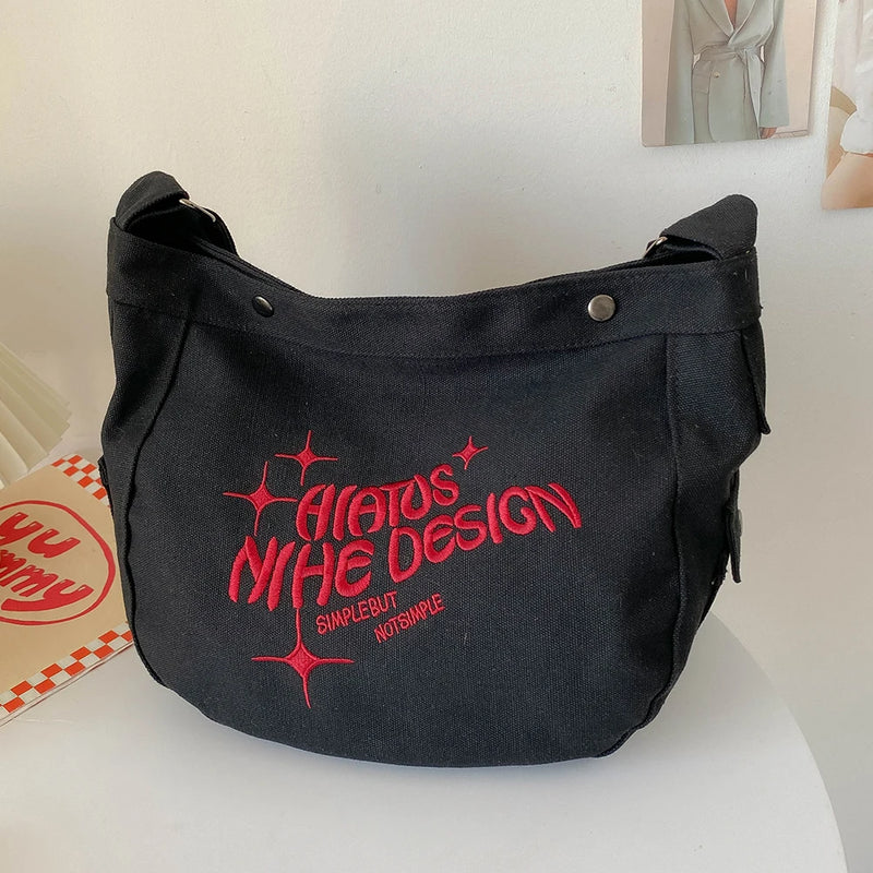 Embroidered Letters Canvas Messenger Bag Large Capacity
