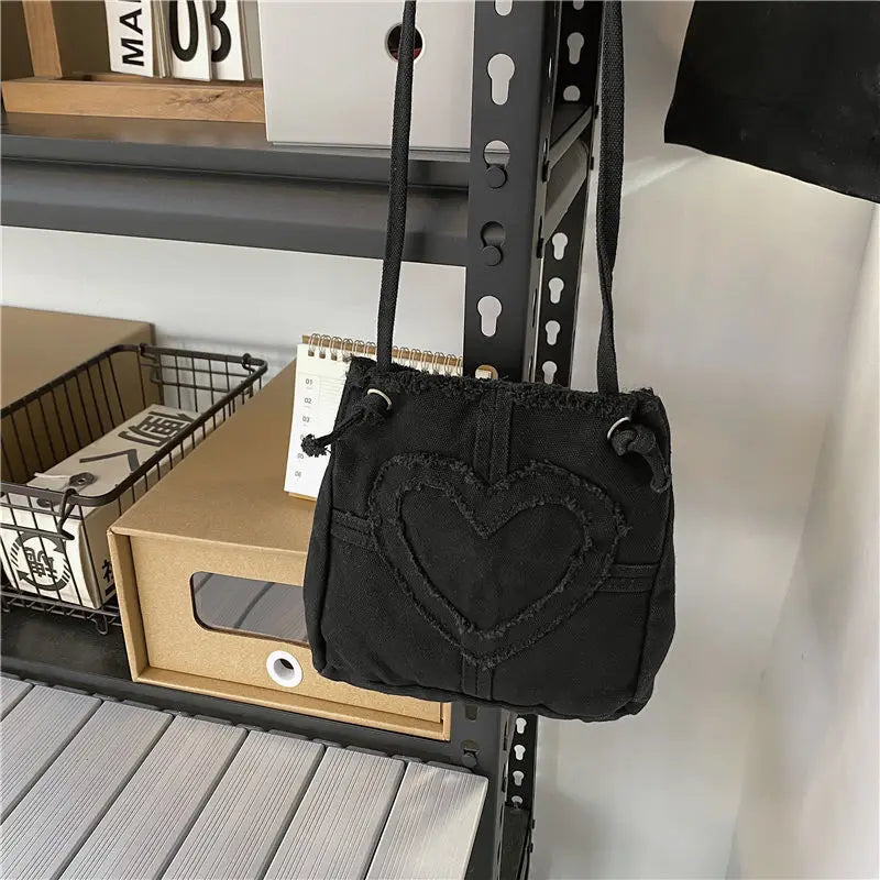 Canvas Women Shoulder Messenger Bag Heart Plaid Ladies Crossbody Bags