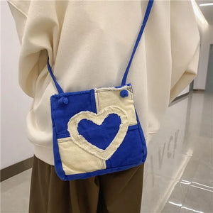 Canvas Shoulder Messenger Bag Heart Plaid Crossbody Bags Casual Female Girls