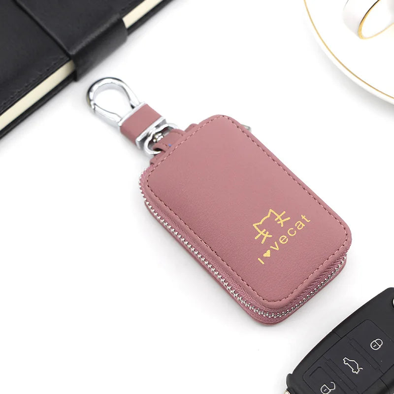 Cat Printed Leather Car Key Bag Zipper Holder Cover