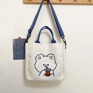 Cartoon Canvas Shoulder Bag for Women Bear Rabbit Tote