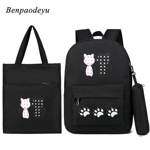 Cat Printing Kids Backpacks Girls School Bags 3pcs/set