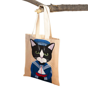 Coffee Cat Women Tote Handbag Canvas Foldable Reusable Cloth Lady Shopping Bag