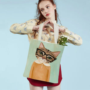 Coffee Cat Women Tote Handbag Canvas Foldable Reusable Cloth Lady Shopping Bag
