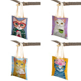 Coffee Cat Women Tote Handbag Canvas Foldable Reusable Cloth Lady Shopping Bag