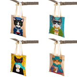 Coffee Cat Women Tote Handbag Canvas Foldable Reusable Cloth Lady Shopping Bag