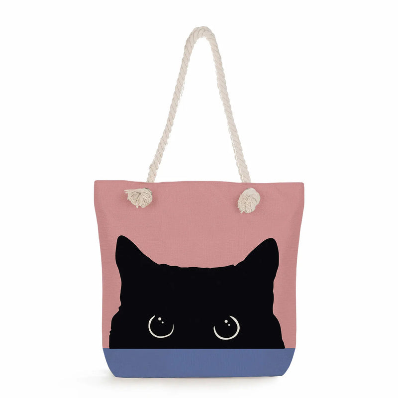 Pet Cat Prints Ladies Rope Handbags Eco Reusable Shopping Bags for Groceries