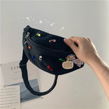 Canvas Waist Bag Women Fanny Pack with Brooch Zipper Cross Body Pouch